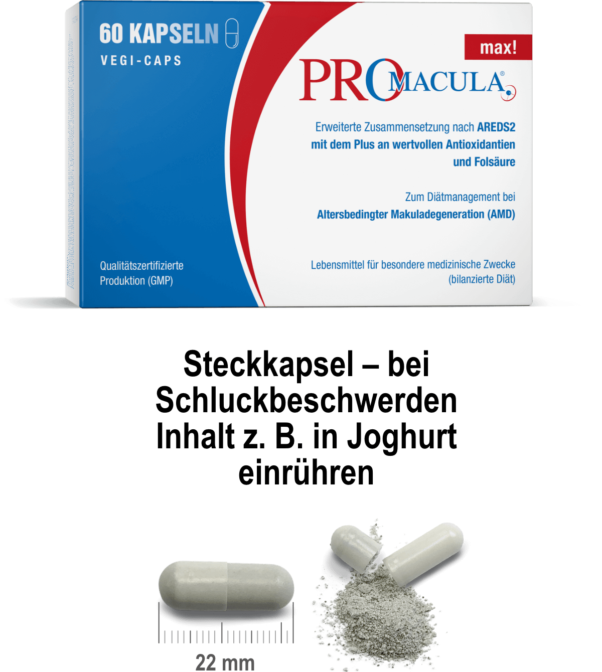 PROMACULA® mit Steckkapsel – bei Schluckbeschwerden Inhalt z. B. in Joghurt einrühren